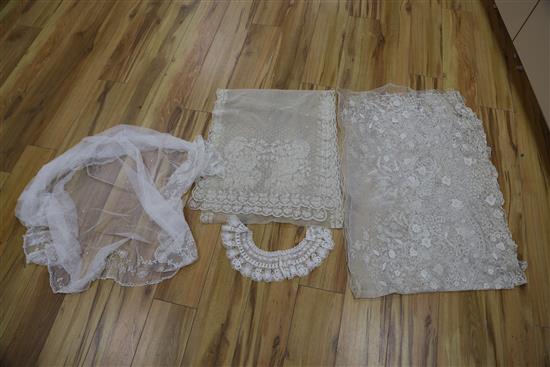 Mixed Brussels needle lace and bobbin lace collar, needle run flounce veil, stoles and collars